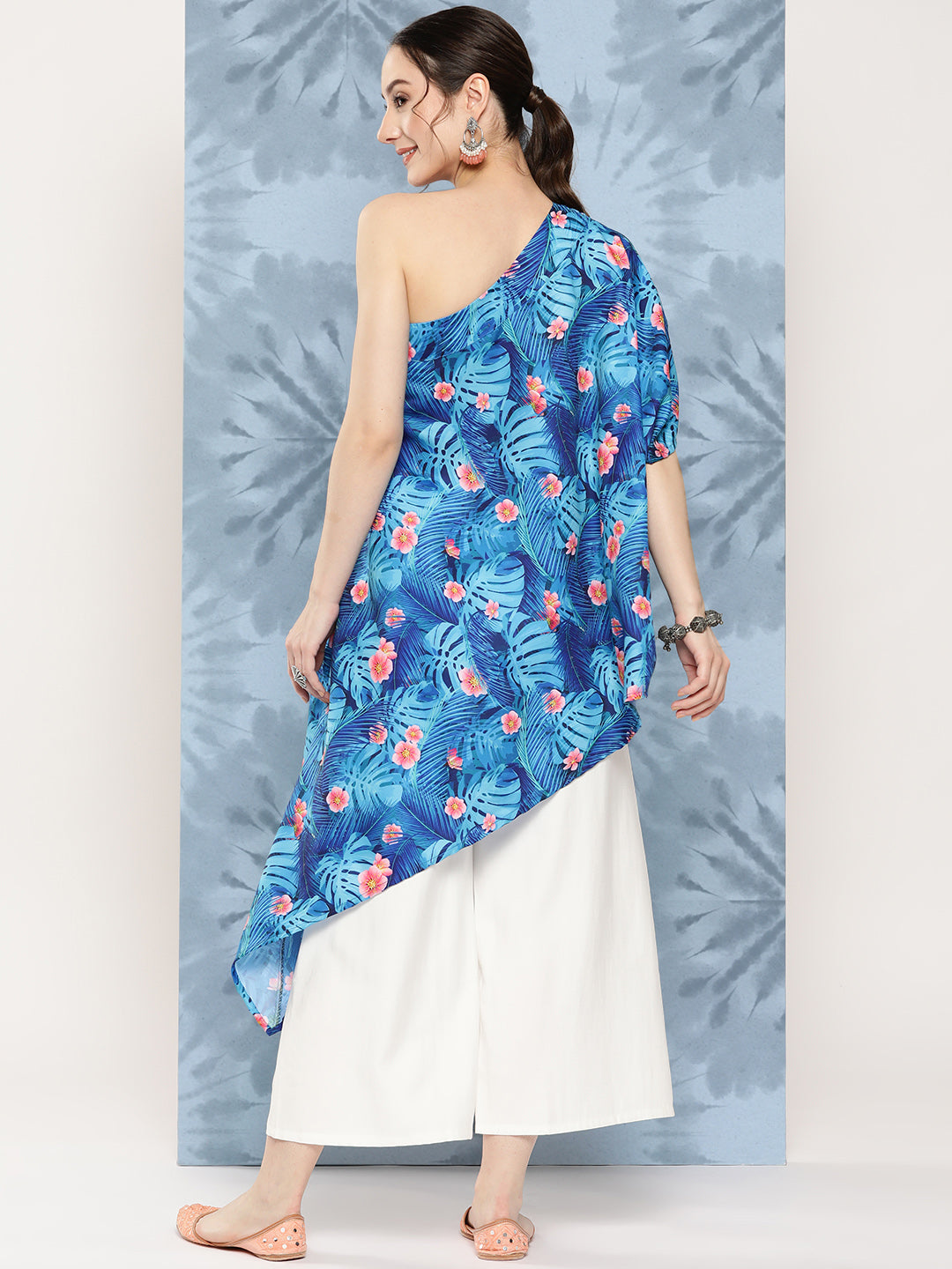 InWeave Women's Blue Pink Japanese Art Oneshoulder Top - Distacart