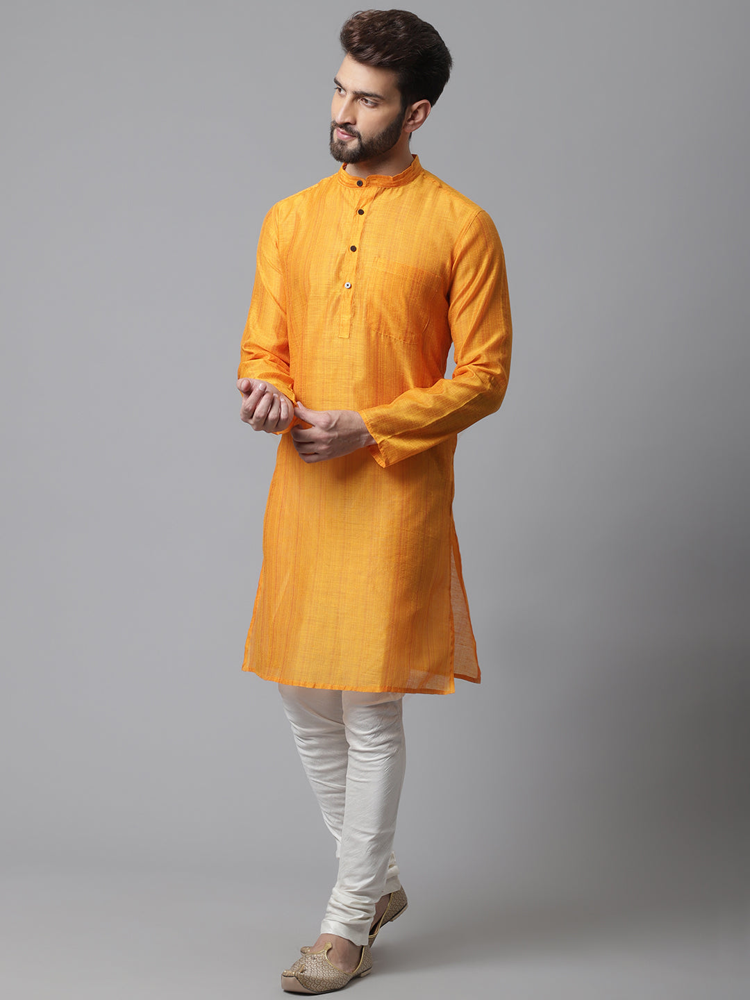 Even Apparels Yellow Check Kurta With Band Collar - Distacart