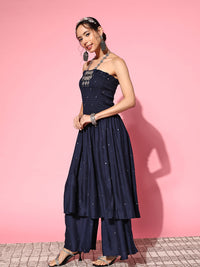 Thumbnail for InWeave Women's Navy Blue Mirror Work Off Shoulder Kurta Set - Distacart