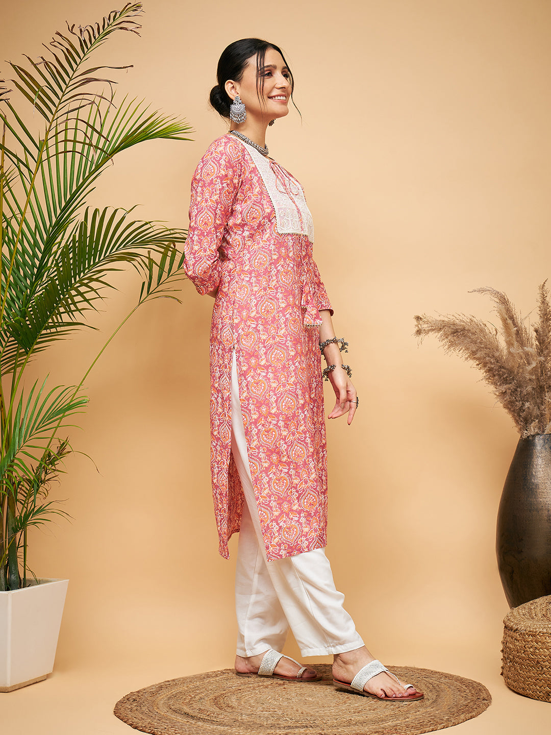 InWeave Women's Dusty Pink Paisley Patch Straight Kurta Pant Set - Distacart
