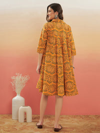 Thumbnail for InWeave Women's Haldi Yellow Mughal Kalamkari Flared Dress - Distacart