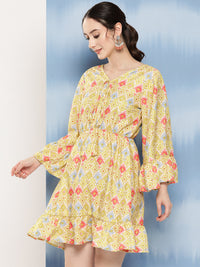 Thumbnail for InWeave Women's Yellow Orange Ikkat Print Short Dress - Distacart