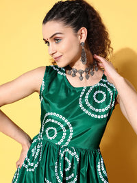 Thumbnail for InWeave Women's Green Bandhani Motif Tiered Sharara Set - Distacart