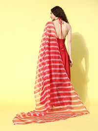 Thumbnail for InWeave Women's Red Lace Work Backless Kurta Sharara Set With Lehariya Dupatta - Distacart