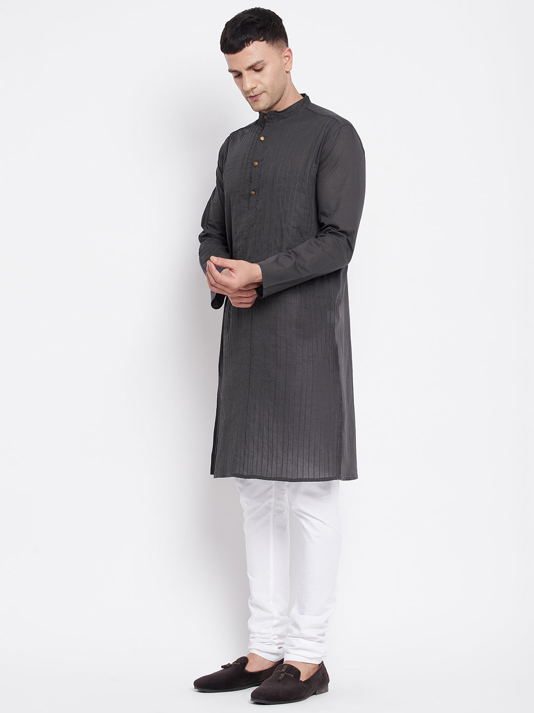 Even Apparels Grey Pure Cotton Kurta With Band Collar - Distacart