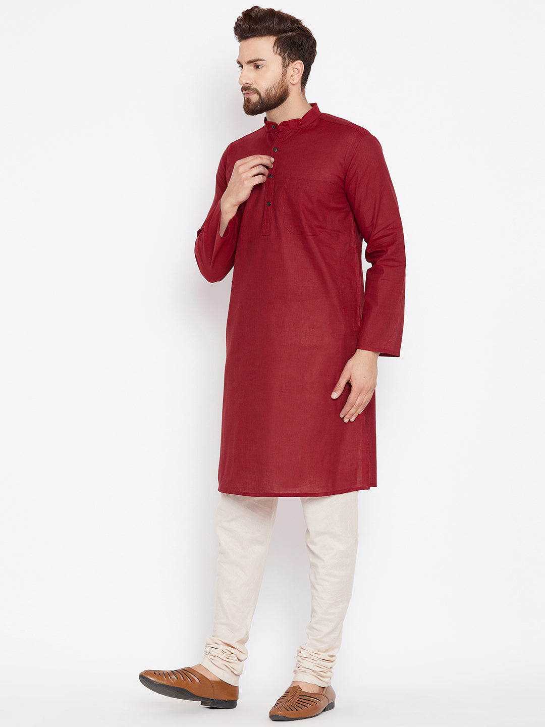 Even Apparels Maroon Pure Cotton Kurta With Band Collar - Distacart