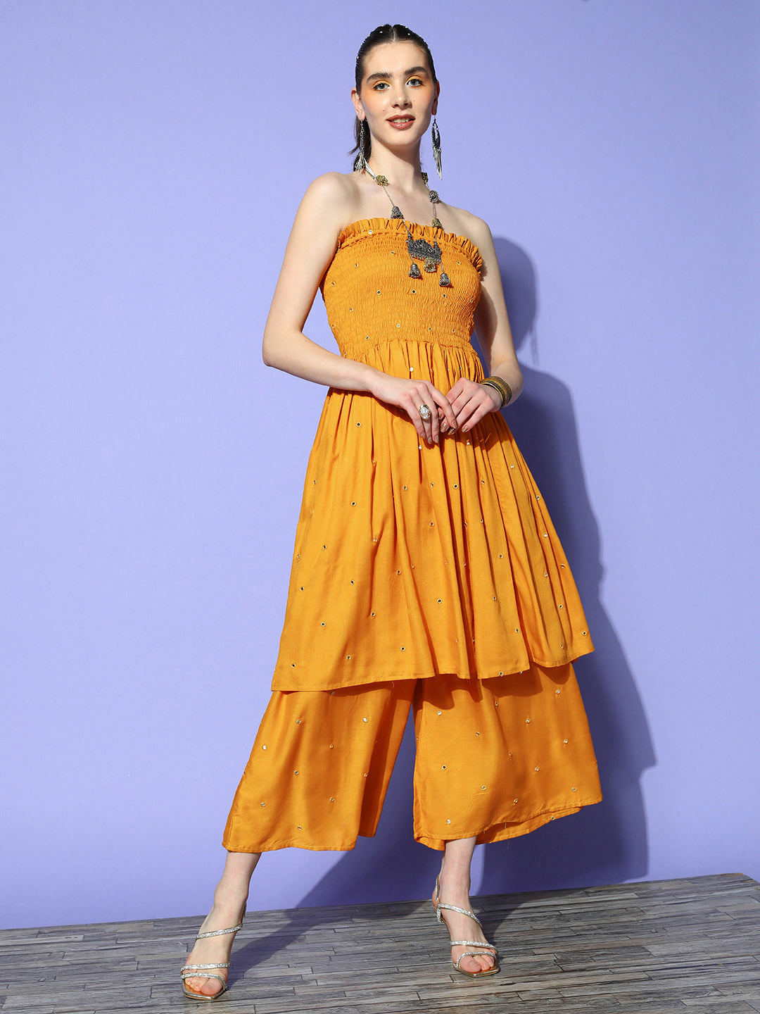 InWeave Women's Mustard Mirror Work Off Shoulder Kurta Set - Distacart