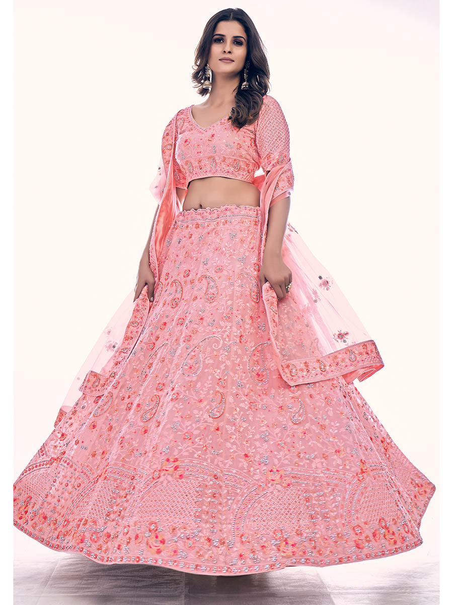 Myra Pink Soft Net Embroidered Designer Lehenga Choli - Distacart