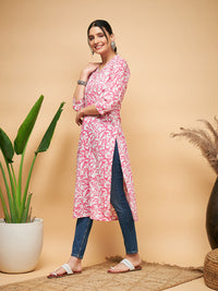 Thumbnail for InWeave Women's Pink Foil White Print Angrakha Stright Kurta - Distacart