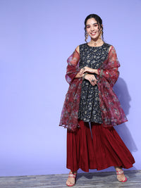 Thumbnail for InWeave Women's Blue Printed Kurta Sharara Set With Burgundy Organza Dupatta - Distacart
