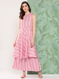 Thumbnail for InWeave Women's Pink Kantha Striped Kurta Set - Distacart