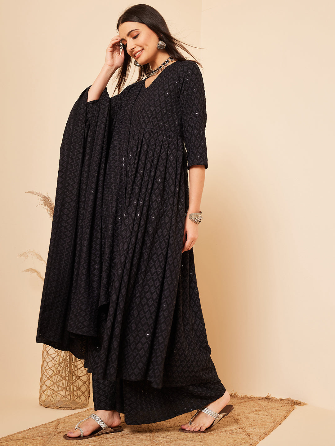 InWeave Women's Black Chikankari Long Anarkali Kurta Sharara Set W Dupatta - Distacart