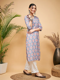 Thumbnail for InWeave Women's Blue Pink Print Angrakha Style Straight Kurta Pant Set - Distacart