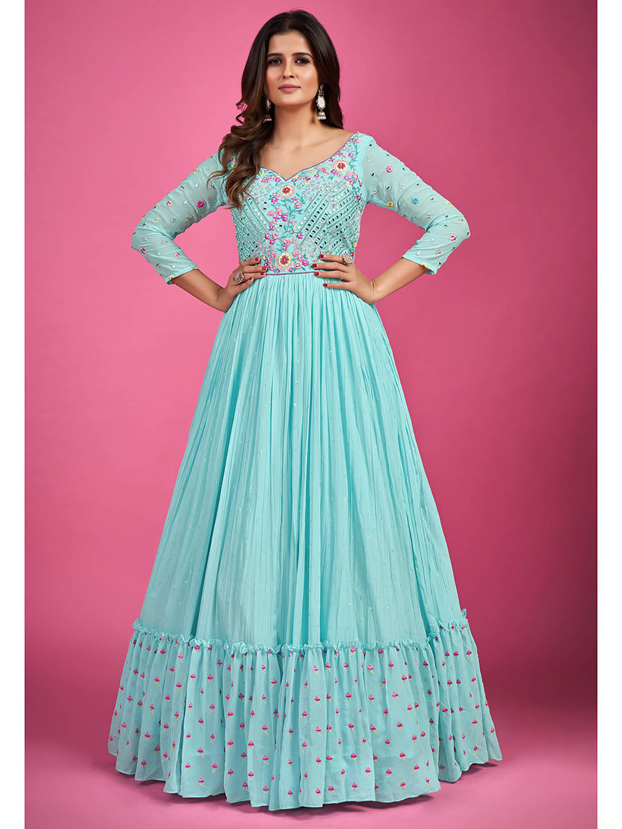 Myra Blue Chinon Silk Embroidered Gown - Distacart