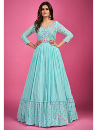 Thumbnail for Myra Blue Chinon Silk Embroidered Gown - Distacart