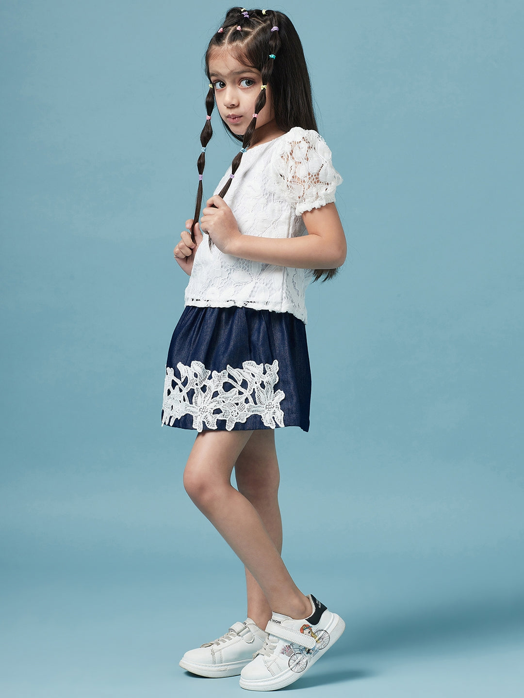 Girls Self Design Round Neck Top With Skirt - Mini Marvels - Distacart