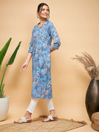 Thumbnail for InWeave Women's Skyblue Pink Floral Angrakha Straight Kurta - Distacart