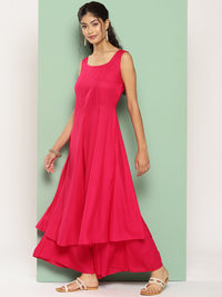 Thumbnail for InWeave Women's Fuchsia Sleeveless Kurta Set W Navy Floral Or Dupatta - Distacart