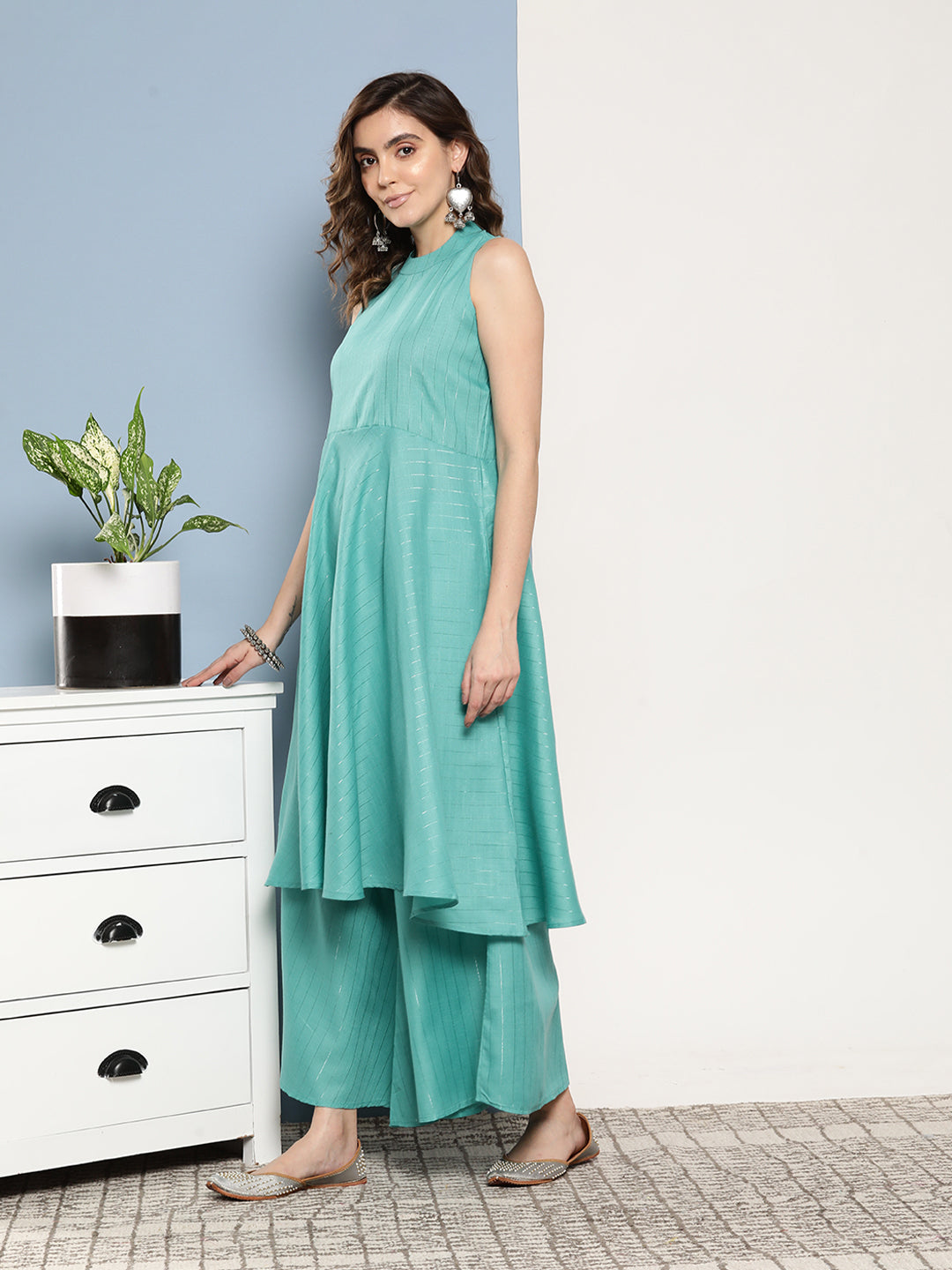 InWeave Women's Teal Lurex Boho Kurta Set With Sky Blue White Leh Dupatta - Distacart