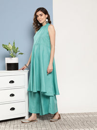 Thumbnail for InWeave Women's Teal Lurex Boho Kurta Set With Sky Blue White Leh Dupatta - Distacart