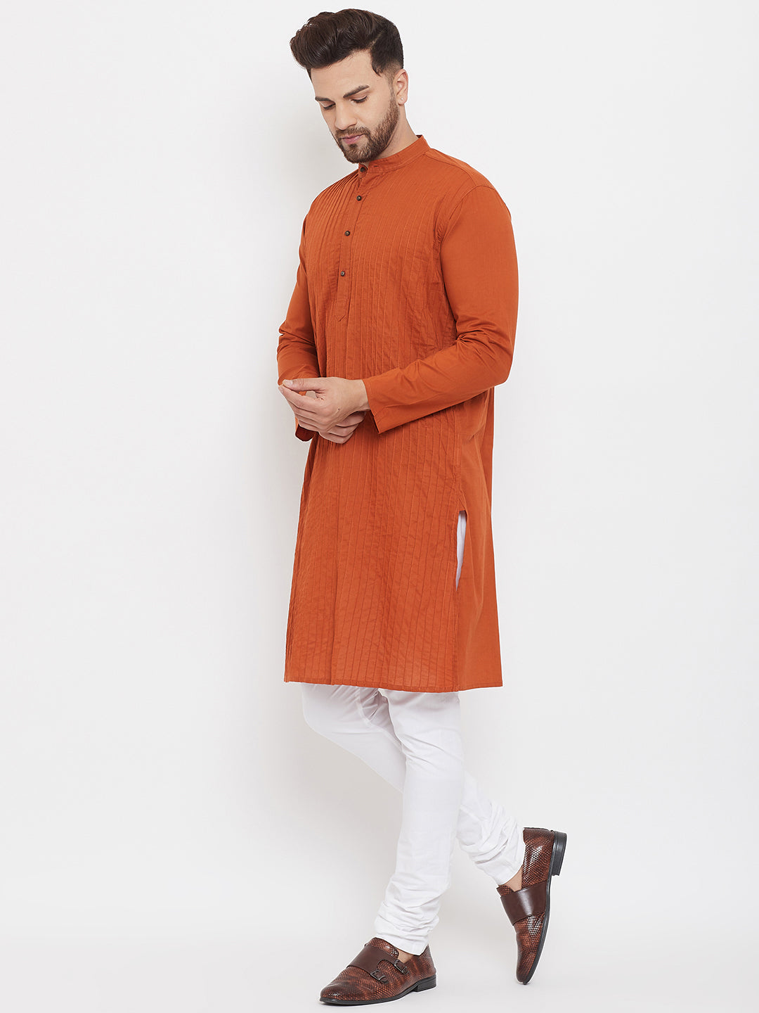 Even Apparels Rust Pure Cotton Kurta With Band Collar - Distacart