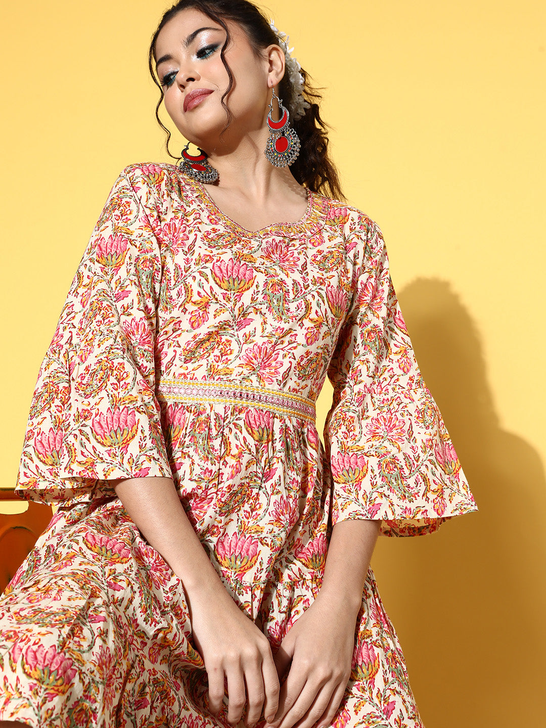 InWeave Women's Pink Boota Print Belted Dress - Distacart