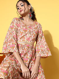 Thumbnail for InWeave Women's Pink Boota Print Belted Dress - Distacart