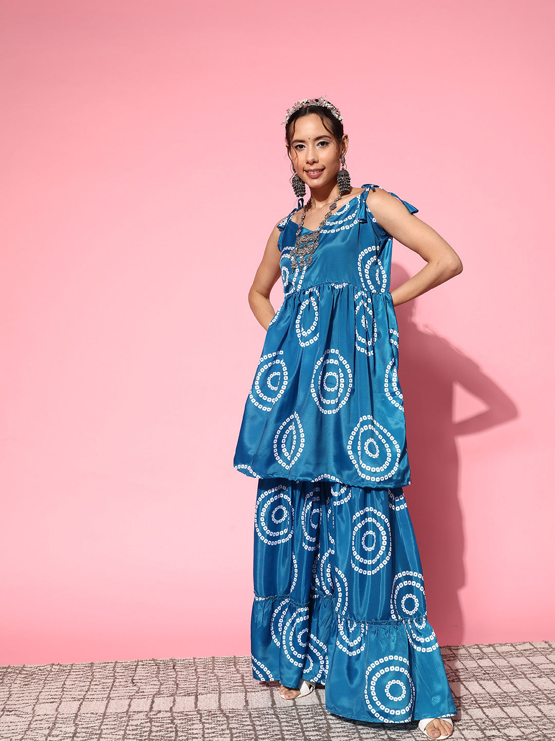 InWeave Women's Blue Bandhani Motif Shoulder Tie Up Kurta Set - Distacart