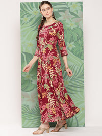 Thumbnail for InWeave Women's Red Tropical Print Gota Long Dress - Distacart
