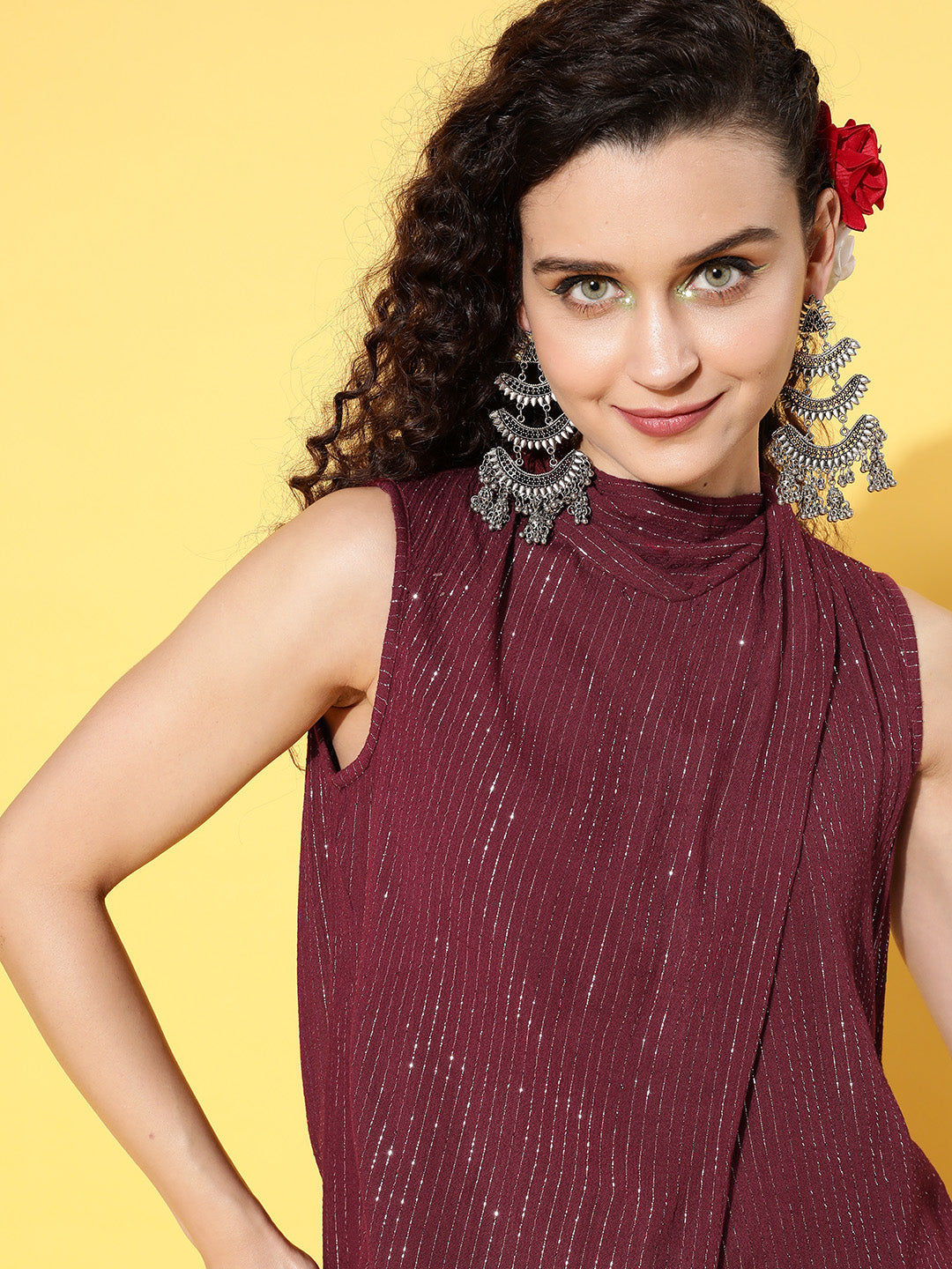 InWeave Women's Maroon Lurex Top With Flared Palazzo - Distacart
