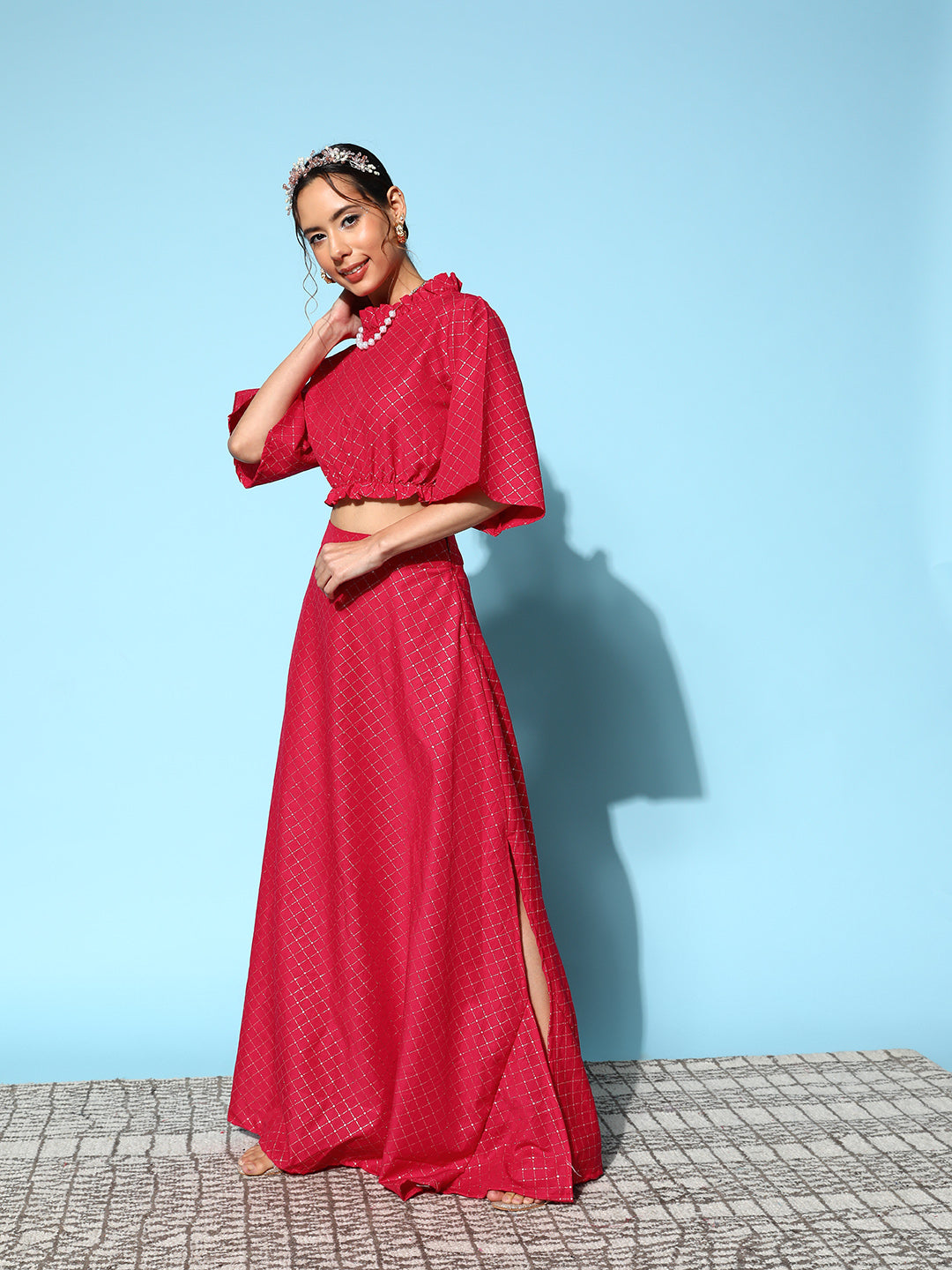 InWeave Women's Candy Red Gold Crop Top With Side Slit Skirt - Distacart