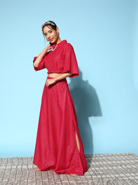 Thumbnail for InWeave Women's Candy Red Gold Crop Top With Side Slit Skirt - Distacart