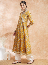 Thumbnail for InWeave Women's Mustard Printed Gota Embroidered Anarkali Kurta - Distacart