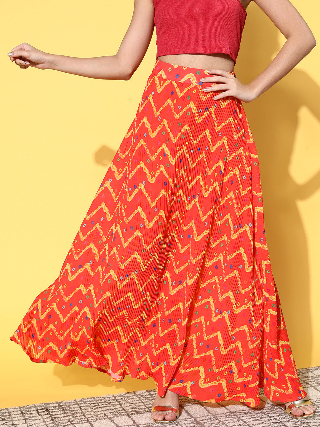 InWeave Women's Orange Bandhej Pleated Skirt - Distacart