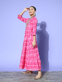 Thumbnail for InWeave Women's Abstract Pink Print Long Dress With Work - Distacart