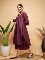 Thumbnail for InWeave Women's Wine Solid Flared Kurta Palazzo Set - Distacart