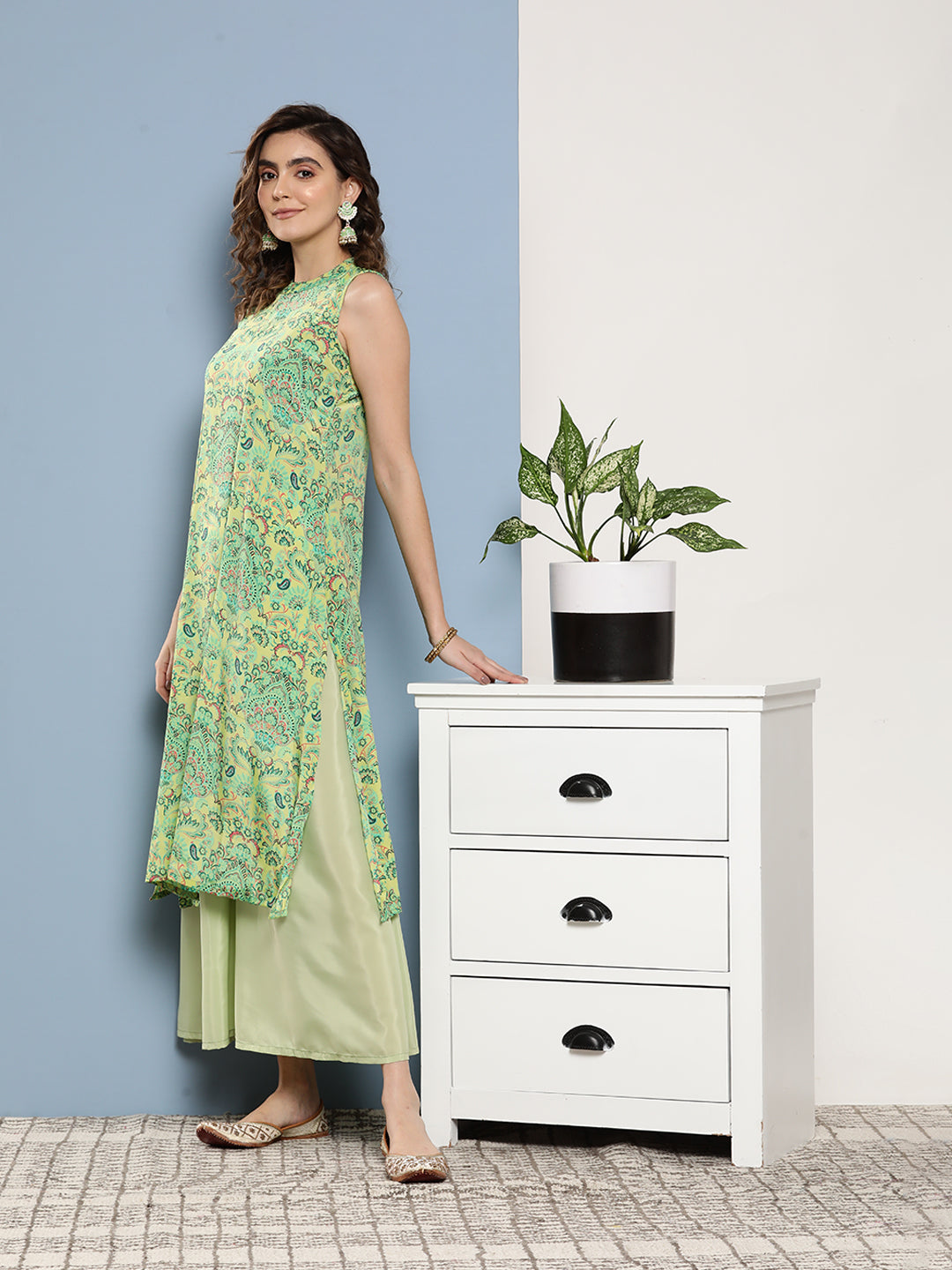 InWeave Women's Green Pastel Print Halter Kurta Set - Distacart