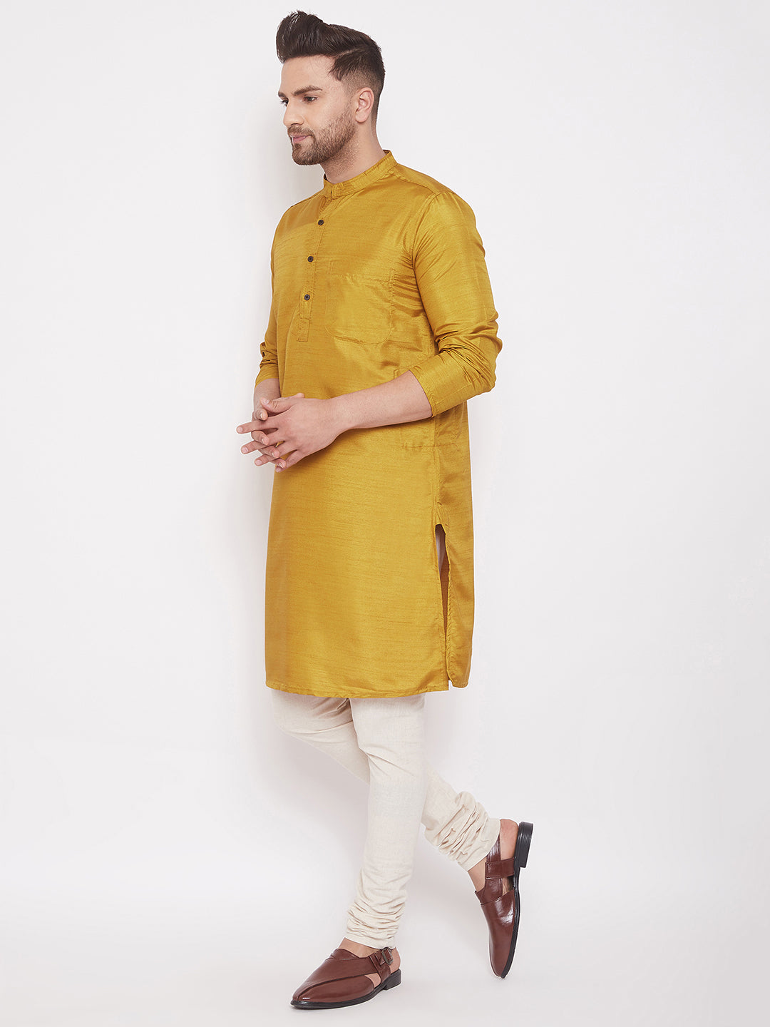 Even Apparels Beige Pure Cotton Kurta With Band Collar - Distacart