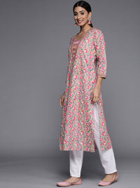 Thumbnail for Varanga Women Taupe & Pink Cotton Floral Print Kurta - Distacart