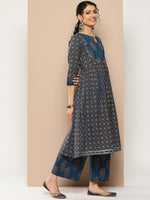 Thumbnail for KSUT (House of Varanga) Blue And Rust Yoke Style Anarkali Paired With Printed Palazzo And Ombre Dupatta - Distacart