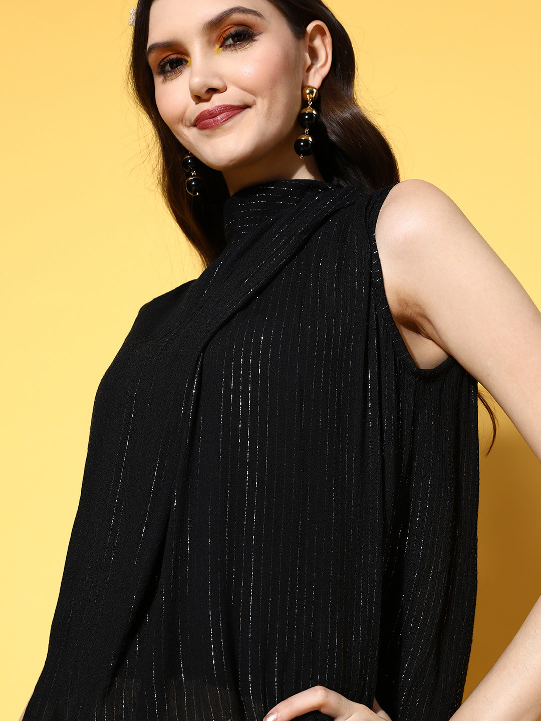 InWeave Women's Black Lurex Tie Up Top - Distacart