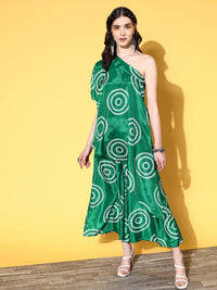 Thumbnail for InWeave Women's Green Bandhani Motif One Shoulder Palazzo Set - Distacart