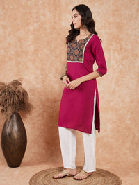 Thumbnail for InWeave Women's Wine Printed Neck Patch Work Straight Kurta - Distacart