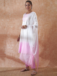 Thumbnail for InWeave Women's White Lurex Pink Dye Patch Gota Anarkali Kurta Set W Dupatta - Distacart