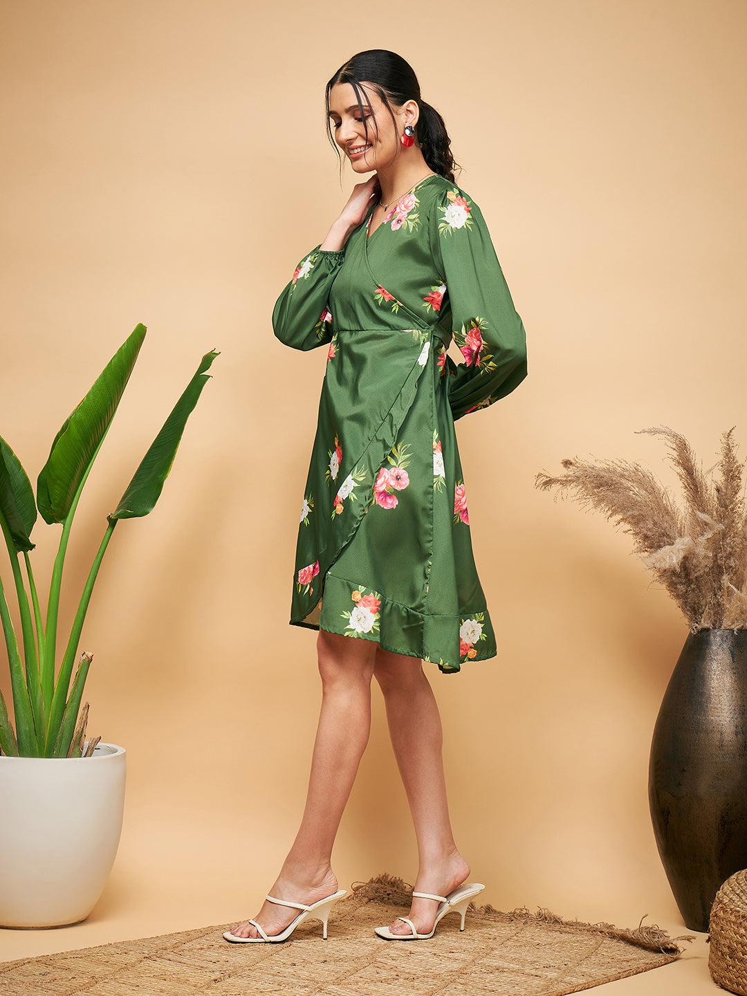 InWeave Women's Green Small Flower Belted Dress - Distacart