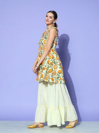 Thumbnail for InWeave Women's Off White Yellow Floral Print Tie Up Kurta Sharara Set - Distacart