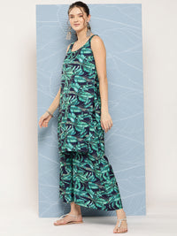 Thumbnail for InWeave Women's Navy Green Big Leaf Print Crepe Kurta Set - Distacart