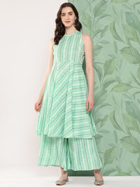 Thumbnail for InWeave Women's Teal Kantha Striped Kurta Set - Distacart