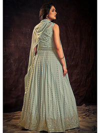Thumbnail for Myra Light Blue Real Georgette Designer Gown Style Suit - Distacart