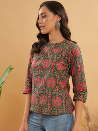 Thumbnail for InWeave Women's Green Red Mughal Kalamkari Top - Distacart